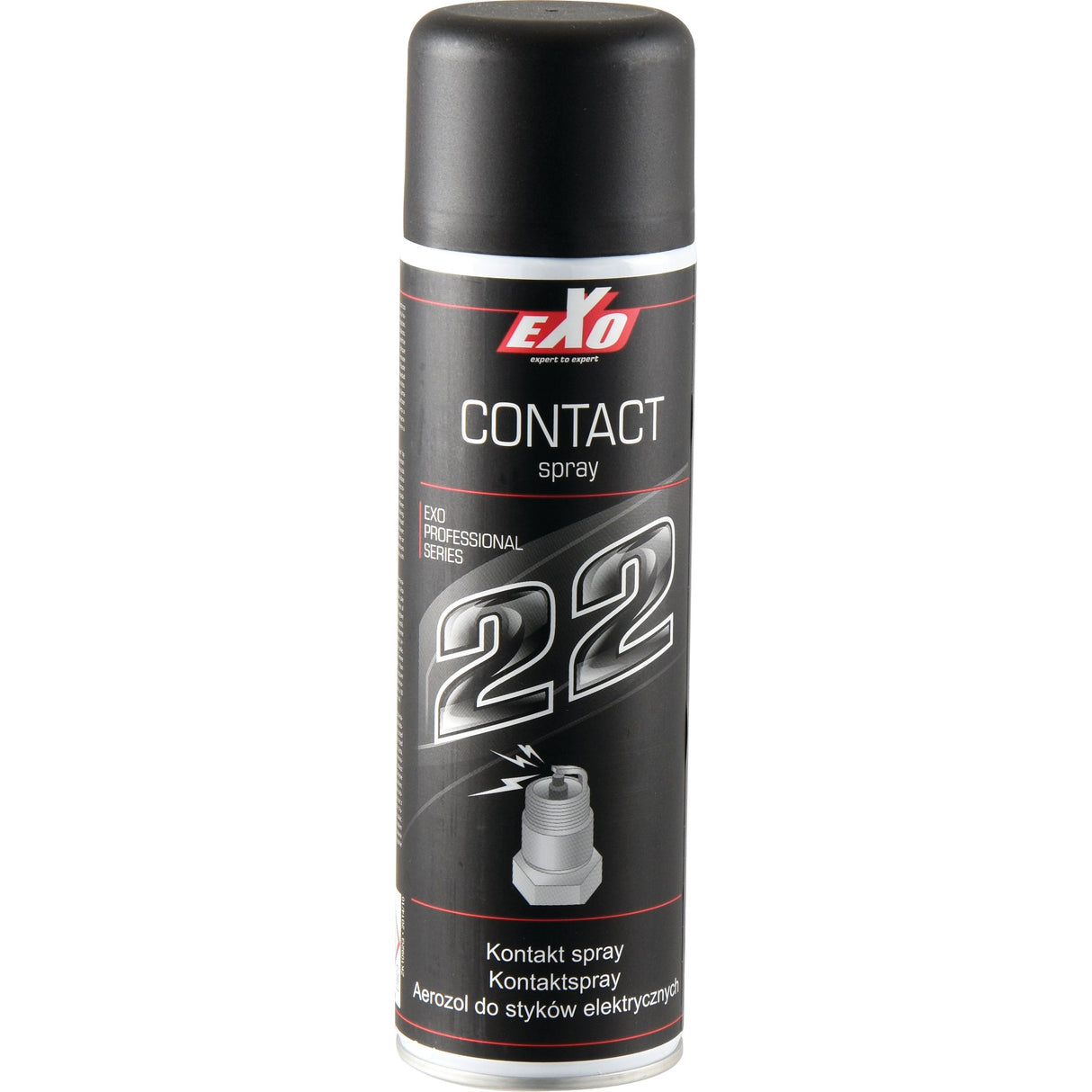 A can of Sparex EXO 22 Contact Cleaner - S.81200, designed for electrical contacts, with a black cap and a gray label featuring technical details and an image of a connector. This spray ensures efficient cleaning and eliminates moisture, keeping your components thermally stable.