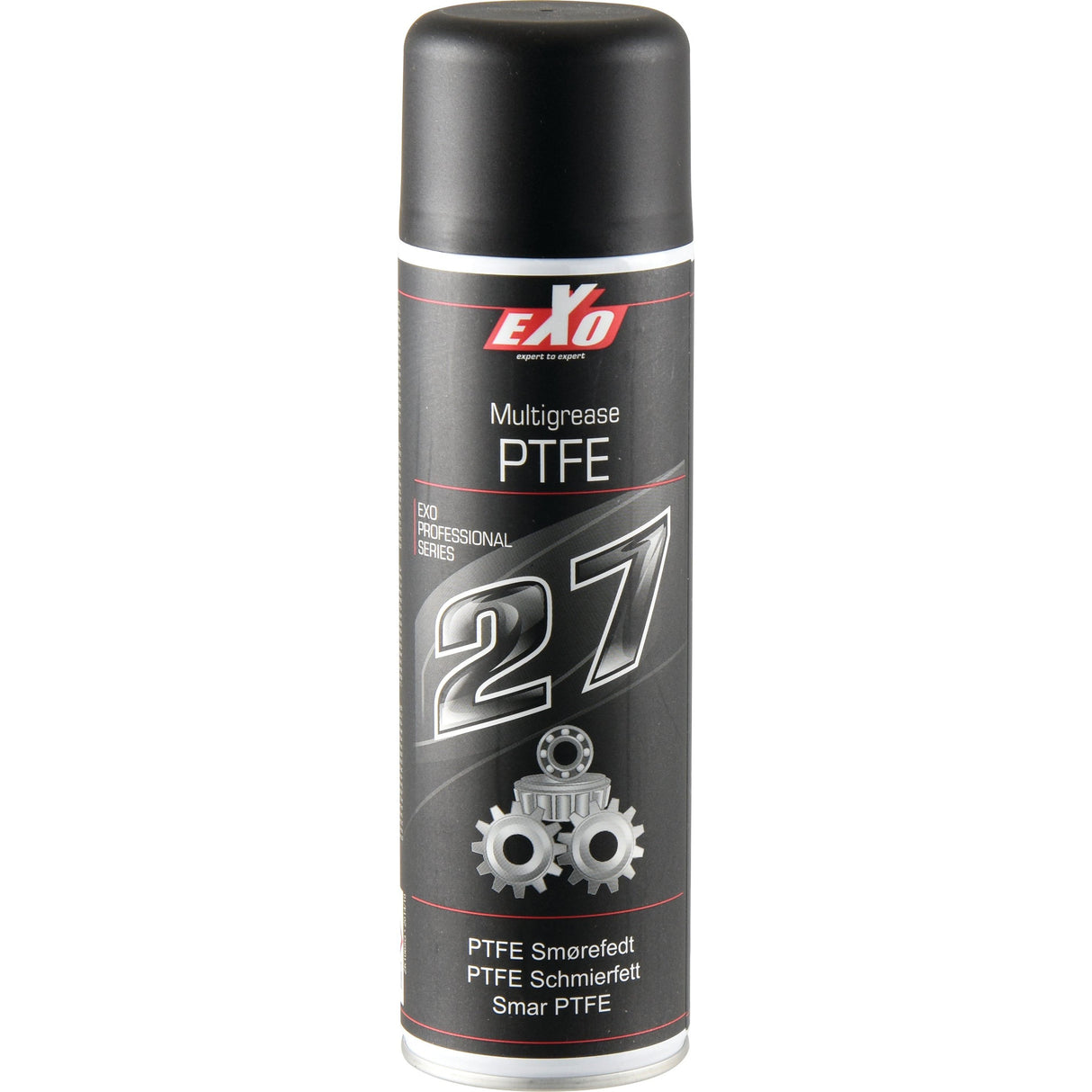 A can of Sparex Multigrease - S.81410 spray with a black cap and a label displaying the number 27 along with images of gears. The text on the label indicates it is part of the EXO Professional Series, offering superior lubrication and corrosion protection.