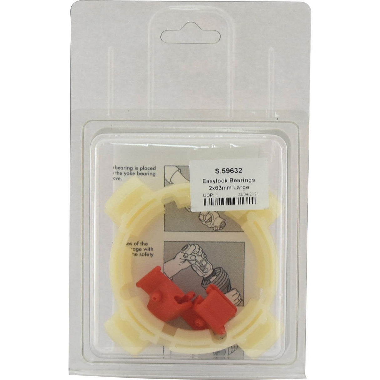 Image of a packaged Sparex Easylock Bearings 2x63mm Large (Sparex Part No. S.59632). The clear plastic packaging displays four red and beige plastic parts inside, along with a label showcasing product information.