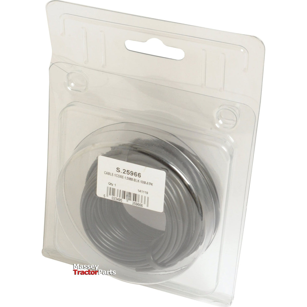 A coiled black electrical cable in a clear plastic packaging with a printed label displaying product details. It is branded with "Sparex" and the product name reads "Electrical Cable - 1 Core, 1.5mm² Cable, Black. (Length: 10M), (Agripak) | Sparex Part No.S.25966.