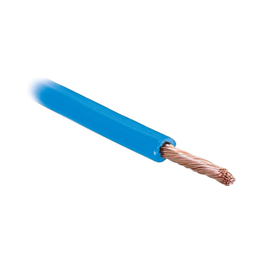 Close-up of a blue, 1-core insulated electrical cable (1.5mm²) with exposed copper conductors at one end; Product: Electrical Cable - 1 Core, 1.5mm² Cable, Blue (Length: 50M), Sparex Part No. S.5969 by Sparex.