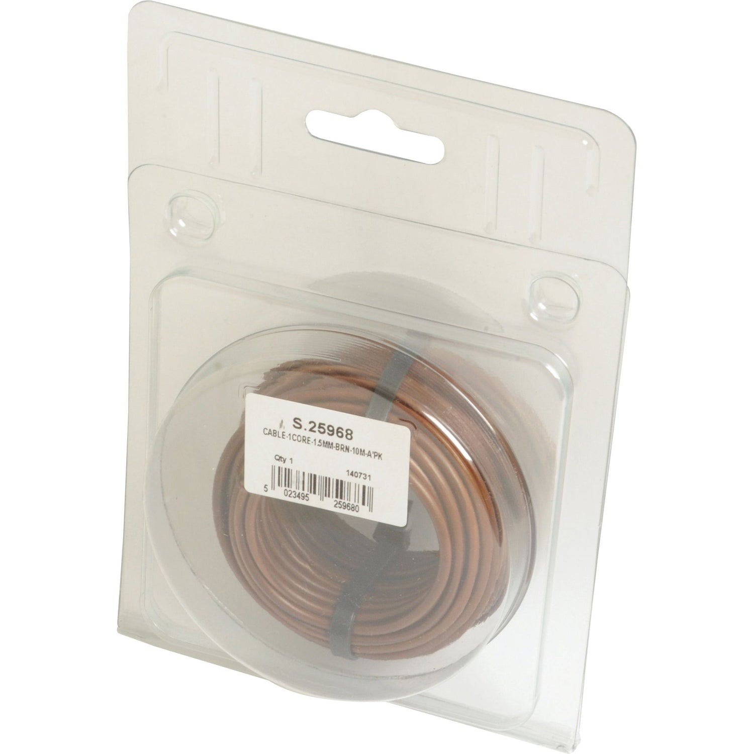 A coiled 10-meter, 1.5mm² single-core brown electrical cable is neatly packaged in a clear plastic container with a label that reads "Sparex Part No. S.25968.