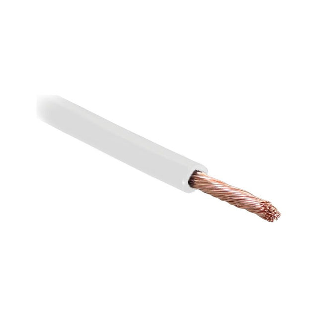 A close-up of the Sparex Electrical Cable - 1 Core, 1.5mm² Cable, White (Length: 50M), with exposed copper strands.