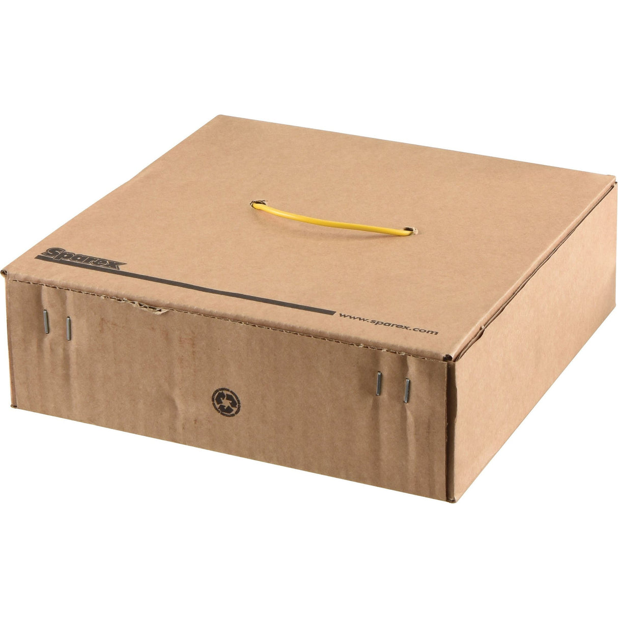 A closed brown cardboard box with a yellow handle on top and metal fasteners on the sides, containing a Sparex 1 Core, 1.5mm² Electrical Cable (50M) for convenience.