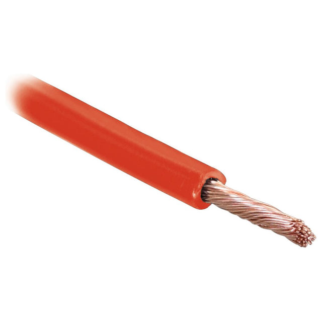 Close-up of an exposed Electrical Cable - 1 Core, 35mm² Cable, Red (Length: 50M) | Sparex Part No.S.139736 with orange insulation, partially stripped to reveal the twisted strands of the copper conductor inside.