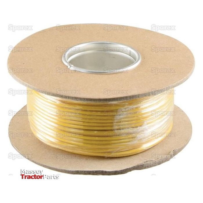 A 50-meter spool of 1.5mm² yellow electrical cable with a metallic center, housed on a cardboard reel, labeled "Massey Tractor Parts" and "Sparex Part No.S.5964".