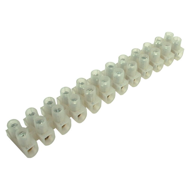 The Sparex Electrical Connector Strip 10mm² (Part No. S.51250) is a white plastic device featuring 12 screw connectors arranged in a row, ideal for securely connecting electrical wires.