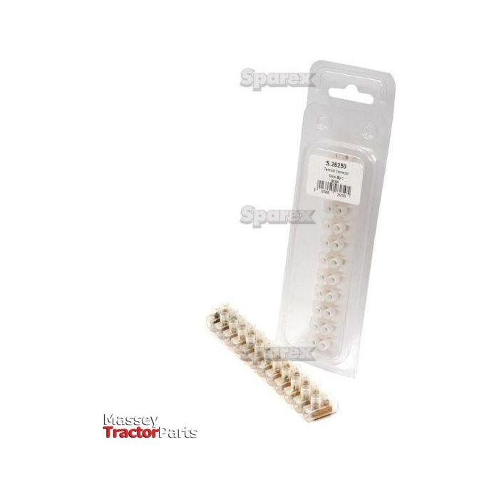 A package contains a row of white terminal blocks labeled with product information, along with the Massey Tractor Parts logo visible in the lower left corner. This Electrical Connector Strip 10mm² (Agripak 1 pc.), Sparex Part No.S.26250, supports 10mm² wires and has a capacity of 15 Amps.
