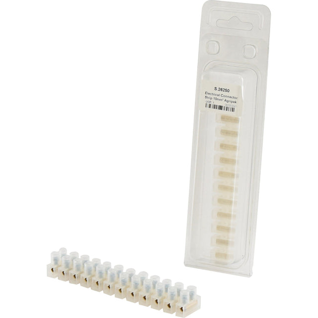 A package of Electrical Connector Strip 10mm² (Agripak 1 pc.), rated for 15 amps, with one row of connectors outside the plastic packaging.