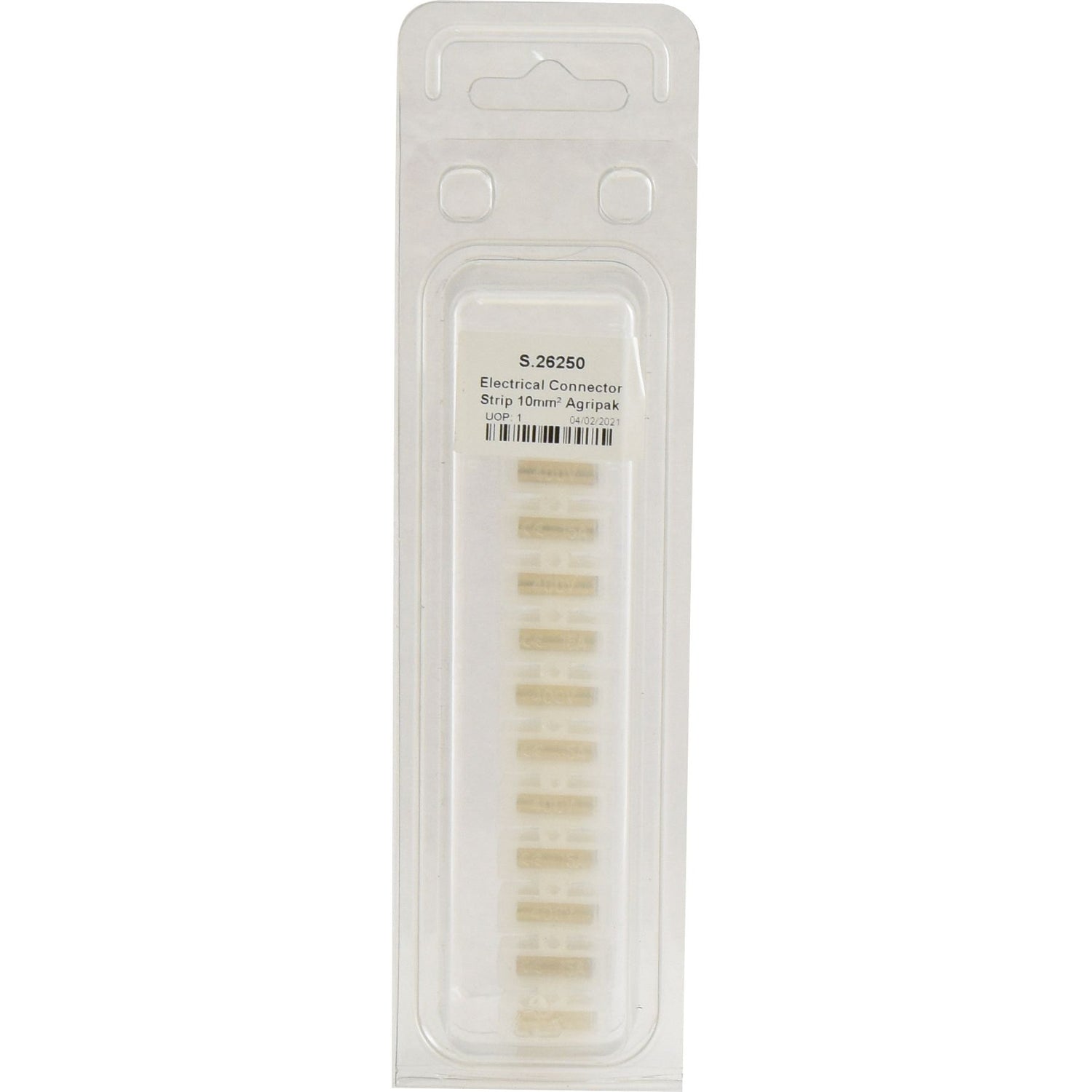 A 10-piece package of electrical connectors. The label reads "Electrical Connector Strip 10mm² (Agripak 1 pc.) | Sparex Part No.S.26250", suitable for up to 15 Amps and 10mm² cables by Sparex.