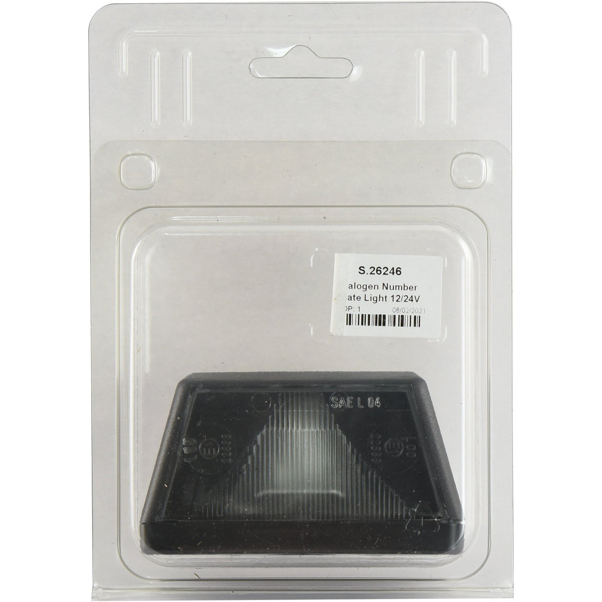 A halogen license plate light in its original packaging with product label S.2646, specifications 12/24V, and a Sparex Electrical Connector Strip 6mm² (Agripak 2 pcs.), Sparex Part No.S.26249, for easy installation.