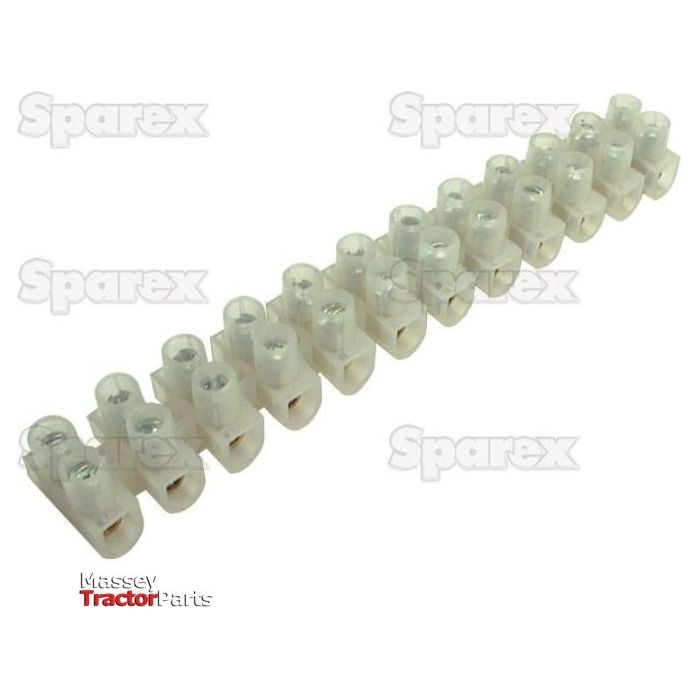 A line of white plastic terminal blocks, branded as "Electrical Connector Strip 10mm² | Sparex Part No.S.51250" and featuring 12 connectors with a 10mm² rating, is arranged diagonally on a white background. The text "Sparex" is repeated in the background, while "Massey Tractor Parts" appears in the bottom left corner.