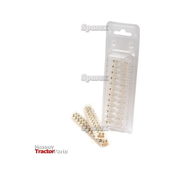 Plastic package containing white terminal block connectors, with two terminal blocks shown outside the packaging. The text "Massey Tractor Parts," "Sparex," and "Electrical Connector Strip 6mm² (Agripak 2 pcs.) | Sparex Part No.S.26249" are visible on the image.