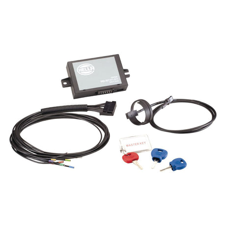 The Electronic Immobiliser - S.153114 from Sparex includes essential vehicle security system components such as a control module, wiring harnesses, three electronic keys (red, blue, and blue and red), and a sensor or connector. It features contact-free transponder technology as part of the vehicle immobilizer for enhanced protection.