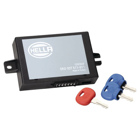 A black electronic module labeled "Sparex Electronic Immobiliser - S.153114" comes with two keys, one featuring a red cover and the other a blue cover, and incorporates advanced transponder technology to enhance vehicle protection.