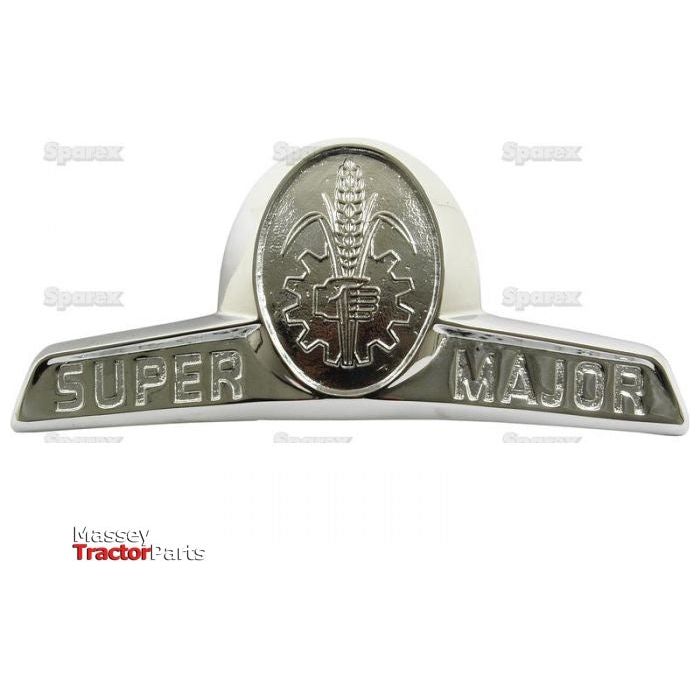 Close-up image of the front badge featuring the Sparex Emblem for Fordson Super Major (Sparex Part No.S.67278), with a chrome emblem displaying "Super Major" text and a central symbol showcasing a gear and wheat stalk, emblematic of the Fordson Super Major.