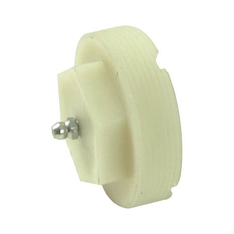 Close-up of a white plastic gear with a metal pin or bolt in the center, designed for mechanical or industrial use, compatible with Vicon machinery. Product Name: End Cap To fit as: 97871180 by Sparex (Sparex Part No. S.59708).