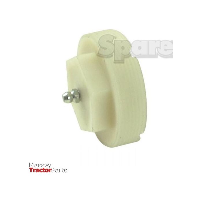 A white, circular plastic tractor part with a metal pin through the center, labeled as "End Cap" and designed to fit as 97871180 (Sparex Part No. S.59708). The text "Sparex" and "Massey Tractor Parts" are visible in the background.