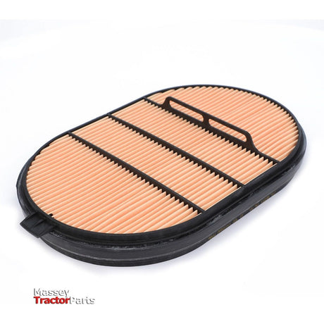 The AGCO Massey Ferguson Engine Air Filter Cartridge - 568311D1 is a rectangular filter featuring a ribbed orange surface and black frame, equipped with two black handles for easy removal. It is compatible with various Massey Ferguson models and offers an impressive 99.9% filtration efficiency for superior performance.