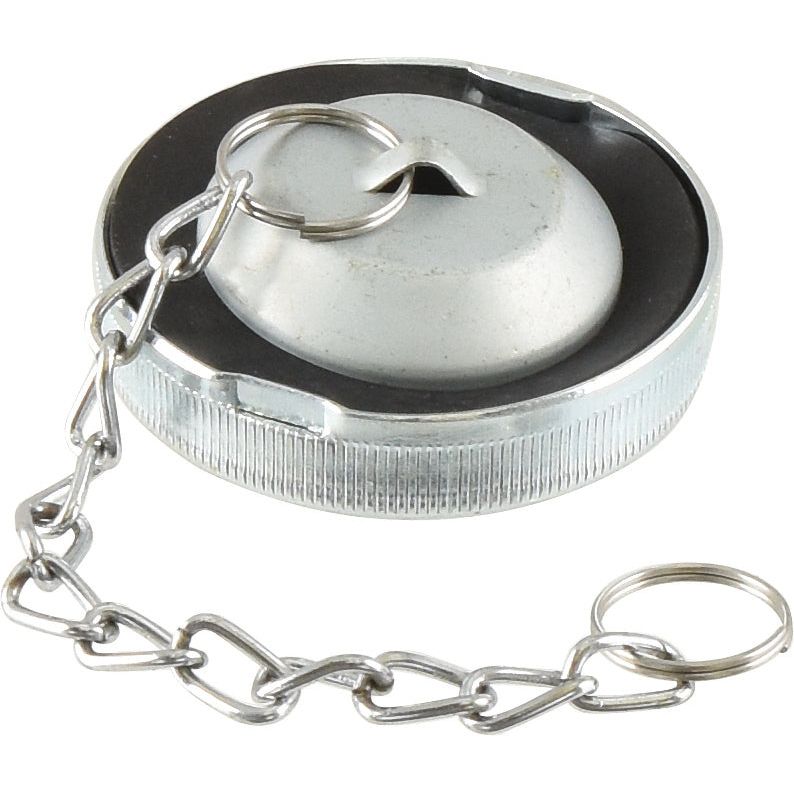 A metal sink stopper with a chain attached, designed with the precision and craftsmanship found in the Sparex Engine Oil Cap (Part No. S.41571).