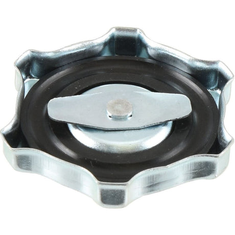 A silver, round Engine Oil Cap with a black rubber gasket and a central locking mechanism lies flat on a white background. The cap is identified as Sparex Part No.S.62134 from the brand Sparex.