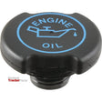 Black Engine Oil Cap (Sparex Part No. S.66760) featuring blue "ENGINE OIL" text and an oil can icon, with the Massey Tractor Parts logo in the corner. Compatible with Ford New Holland and Case IH tractors, from the trusted Sparex brand.