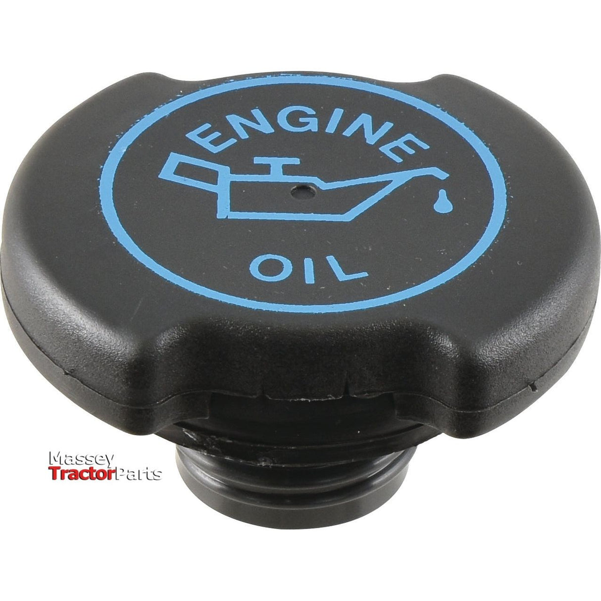 Black Engine Oil Cap (Sparex Part No. S.66760) featuring blue "ENGINE OIL" text and an oil can icon, with the Massey Tractor Parts logo in the corner. Compatible with Ford New Holland and Case IH tractors, from the trusted Sparex brand.
