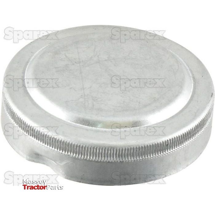A metal cap with a ridged edge and a flat top, labeled "Sparex" in multiple places and "Massey Tractor Parts" alongside an engine oil cap symbol at the bottom left corner, corresponding to Sparex Part No. S.43732.