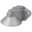 The Engine Oil Filter Head, Sparex Part No.S.40532 by Sparex, is a silver metallic mechanical component featuring a conical base, a protruding tab, and multiple mounting holes designed to integrate seamlessly with an oil filter.