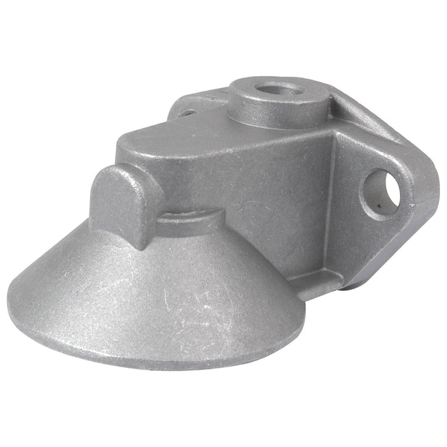 The Engine Oil Filter Head, Sparex Part No.S.40532 by Sparex, is a silver metallic mechanical component featuring a conical base, a protruding tab, and multiple mounting holes designed to integrate seamlessly with an oil filter.