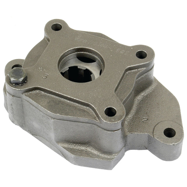 The Sparex Engine Oil Pump, part number S.41938, is a metal mechanical part with a central circular opening, multiple mounting holes, and an irregular shape likely designed for precise fitting in industrial machinery. This component is featured on the Perkins Build List and works seamlessly with a 6 Bolt Fixing Balancer.