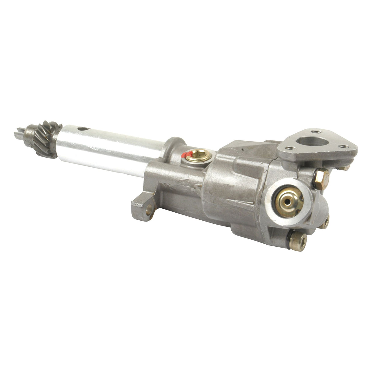 A Sparex Engine Oil Pump (Part No. S.62133) on a white background, showcasing a silver metallic housing with attached components and a gear shaft extending from one end, reminiscent of the robust design found in Ford New Holland models.
