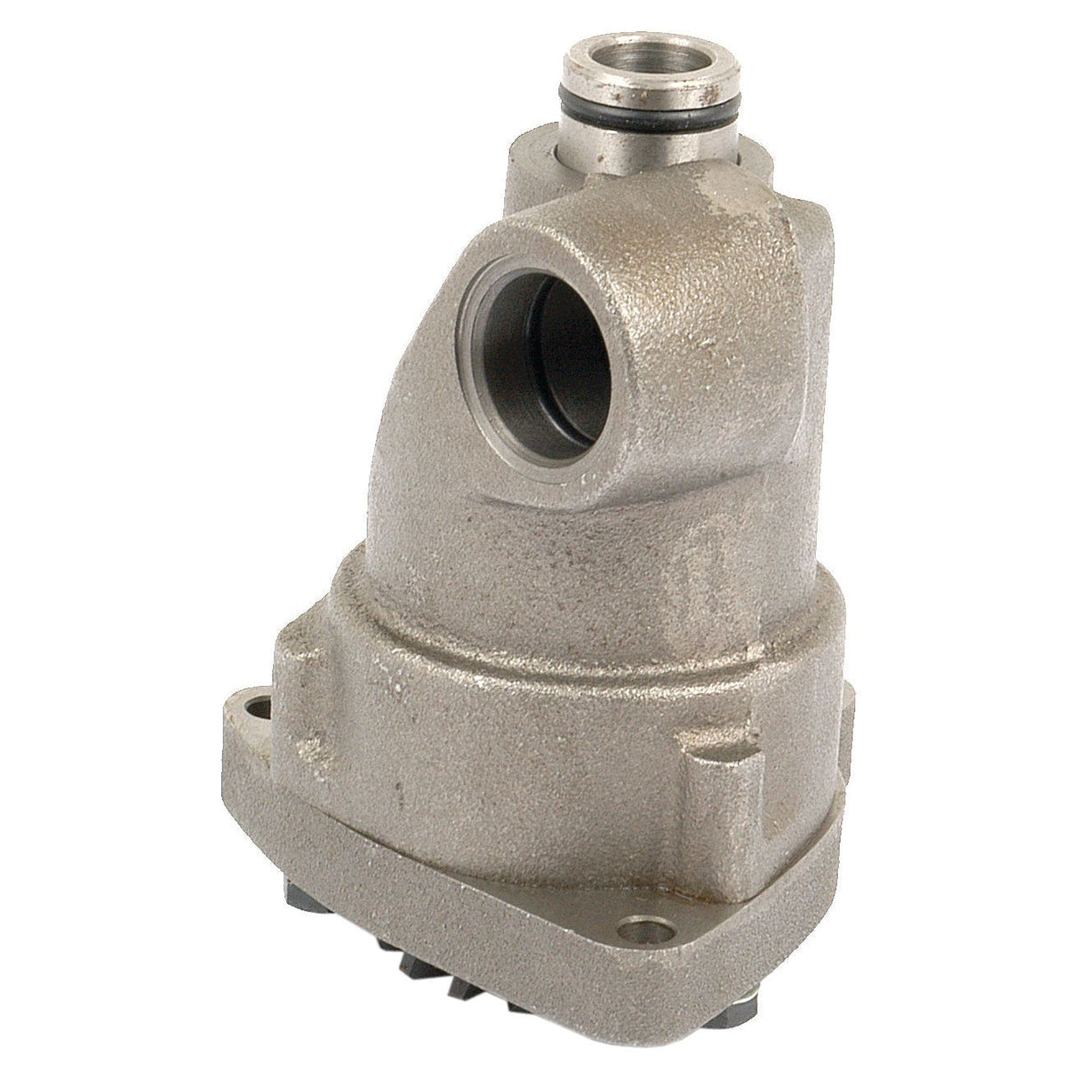 The Sparex Engine Oil Pump (Part No. S.67222) is a metallic, cylindrical machinery part with an angled top, a threaded opening, and a sturdy base featuring bolts and mounting holes—perfect for maintaining your Ford New Holland engine.