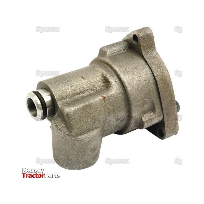 The Sparex Engine Oil Pump (Part No. S.67223) functions efficiently with Ford / New Holland models. This silver mechanical component features a rounded main body, a flange, and holes for mounting, with the "Massey Tractor Parts" logo appearing in the bottom left corner.