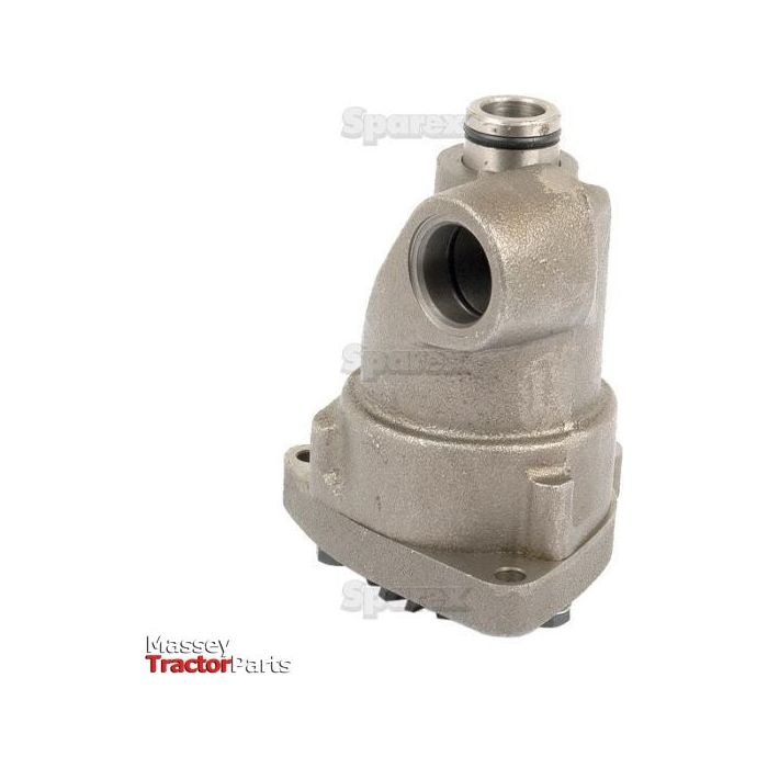 An agricultural engine oil pump with a metallic finish, featuring ports for attachment and functional components. Text on the image reads "Massey Tractor Parts," "Sparex," and highlights compatibility with Ford New Holland engines. The product is named Engine Oil Pump | Sparex Part No.S.67222, under the brand name Sparex.