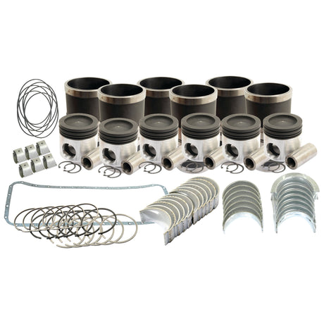 A complete engine overhaul kit with pistons, piston rings, bearings, seals, and related components organized on a white background. The Engine Overhaul Kit - S.25555 from Sparex is compatible with Cummins engines.