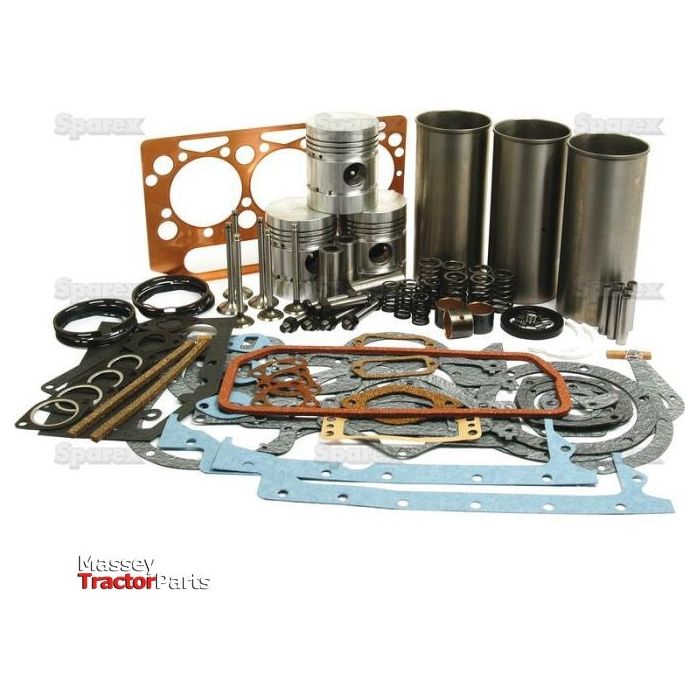 A meticulously arranged Engine Overhaul Kit with Valve Train (Finished) - S.40370 from Sparex, featuring pistons, gaskets, seals, and sleeves on a white surface, perfect for an A3.152 Engine Model.