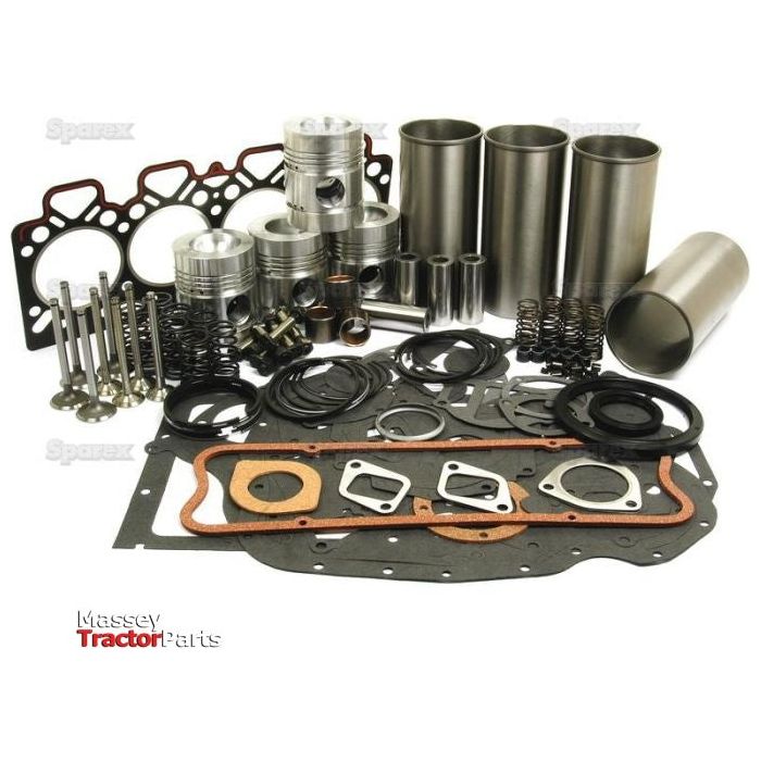 A collection of mechanical parts, including pistons, gaskets, valves, and seals, laid out on a white background. The "Massey Tractor Parts" logo is visible alongside an A4.236 Cylinder and the Sparex Engine Overhaul Kit with Valve Train (Finished) - S.40378 for Perkins Engines.