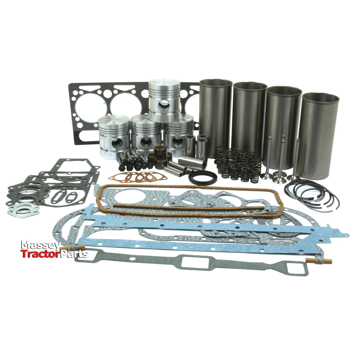 A variety of tractor engine parts, including gaskets, pistons, cylinder liners, and valves, are arranged on a white background. The text "Massey Tractor Parts" is visible in the image. Highlighting the quality of Perkins Engine components suitable for an A4.203 engine overhaul kit with Valve Train (Finished) - S.40382 by Sparex.