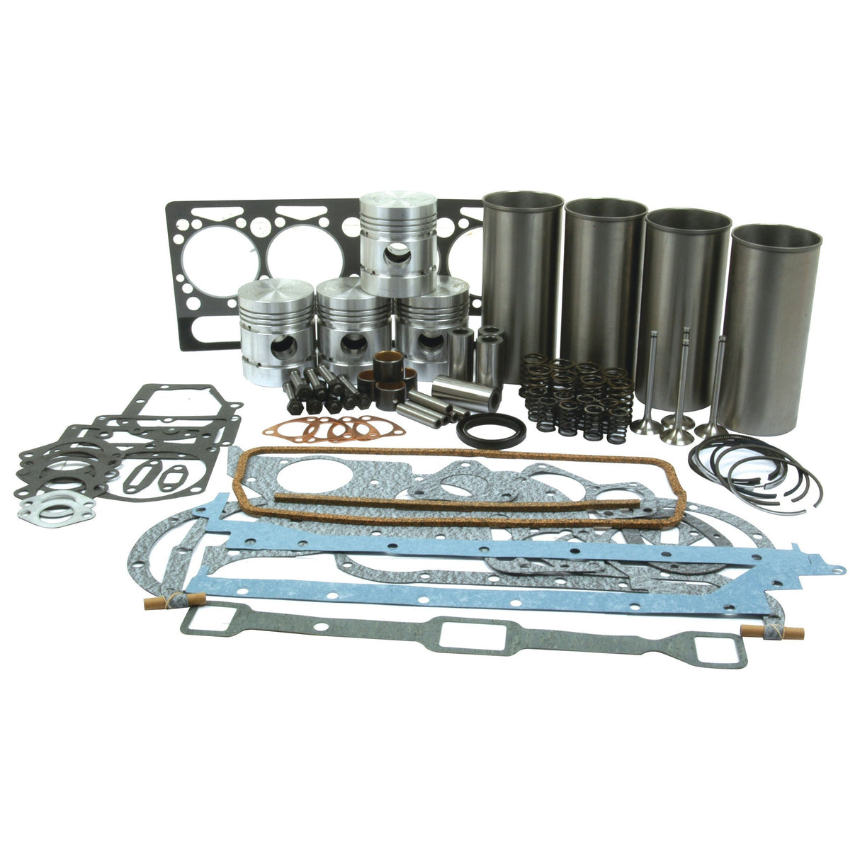 A range of automotive engine parts, such as pistons, gaskets, cylinder liners, valves, and additional components, arranged on a white background and perfect for a Perkins Engine A4.203 overhaul kit—introducing the Engine Overhaul Kit with Valve Train (Finished) - S.40382 from Sparex.