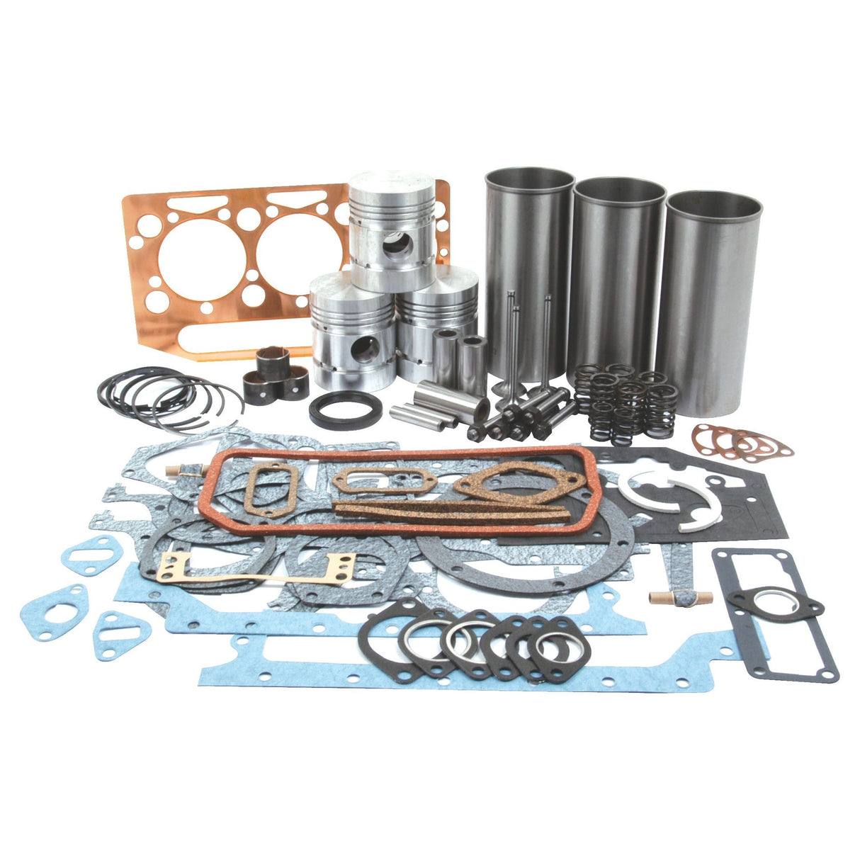 Assorted automotive engine parts, such as gaskets, pistons, cylinders, and various seals from a Sparex Engine Overhaul Kit with Valve Train (Semi Finished) - S.40388, are laid out on a white background.