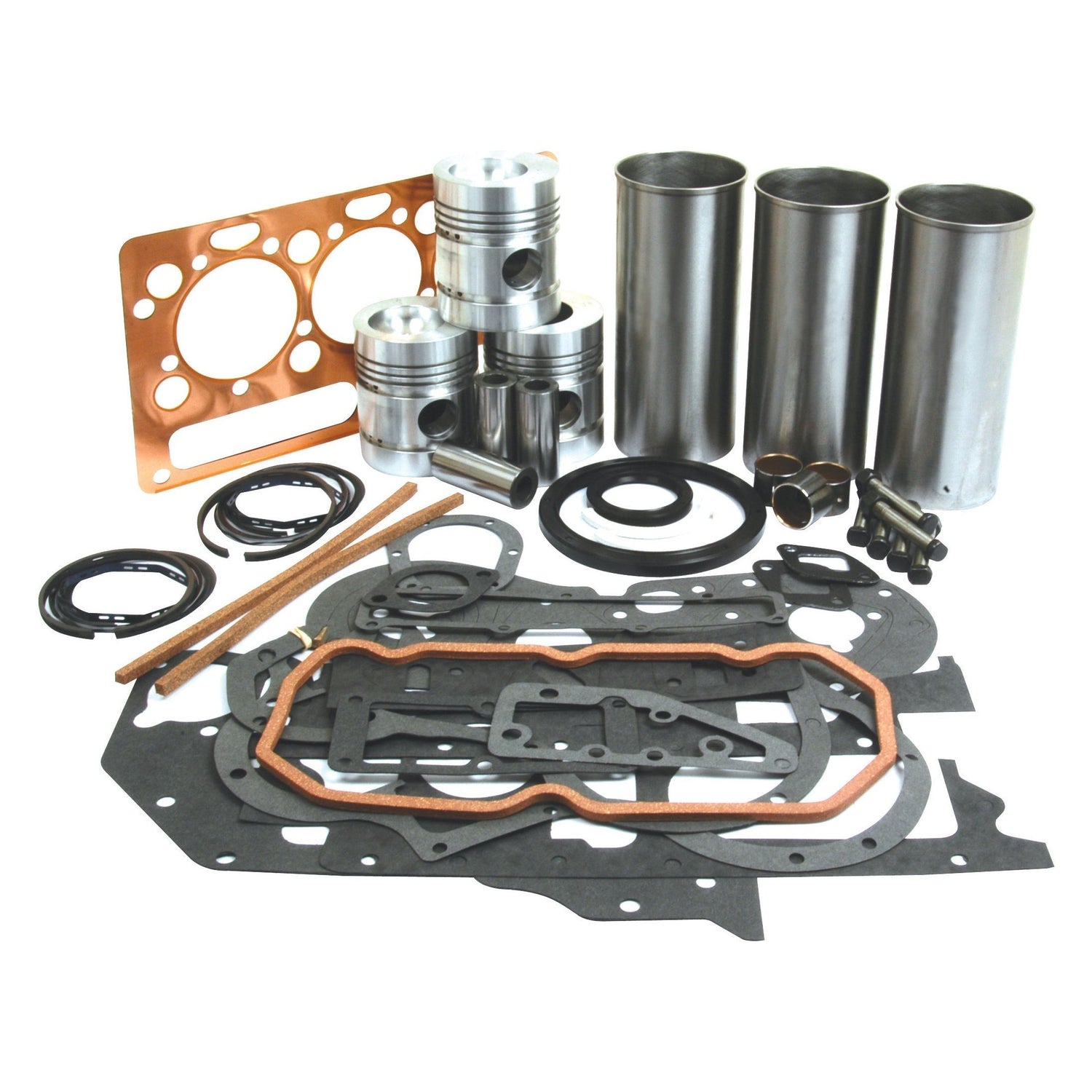 Assorted automotive engine parts, including Perkins AD3.152 pistons, Sparex gaskets, cylinders, and seals from the Sparex Engine Overhaul Kit without Valve Train (Finished) - S.41884, arranged on a white background.