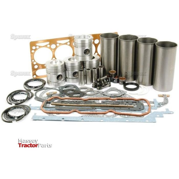 Various engine parts including pistons, gaskets, rings, and sleeves are spread out on a white surface, labeled "Sparex." This Engine Overhaul Kit without Valve Train (Finished) - S.41898 is compatible with Perkins Engine models like the AD4.203.