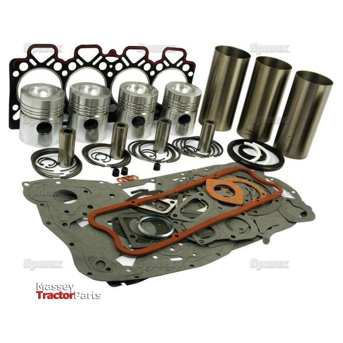 A comprehensive Engine Overhaul Kit for a Massey Tractor, branded as Sparex and featuring pistons, liners, gaskets, and other essential components for the Perkins Engine A4.248 Cylinder, all arranged neatly on a white background. The kit is identified as "Engine Overhaul Kit without Valve Train (Semi Finished) - S.41912".