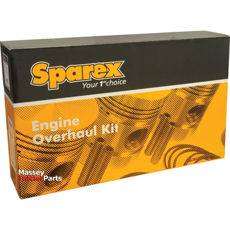 Box labeled "Engine Overhaul Kit - S.42916" with Sparex branding, featuring piston imagery and a yellow and black color scheme, compatible with Massey Ferguson 1080 models.
