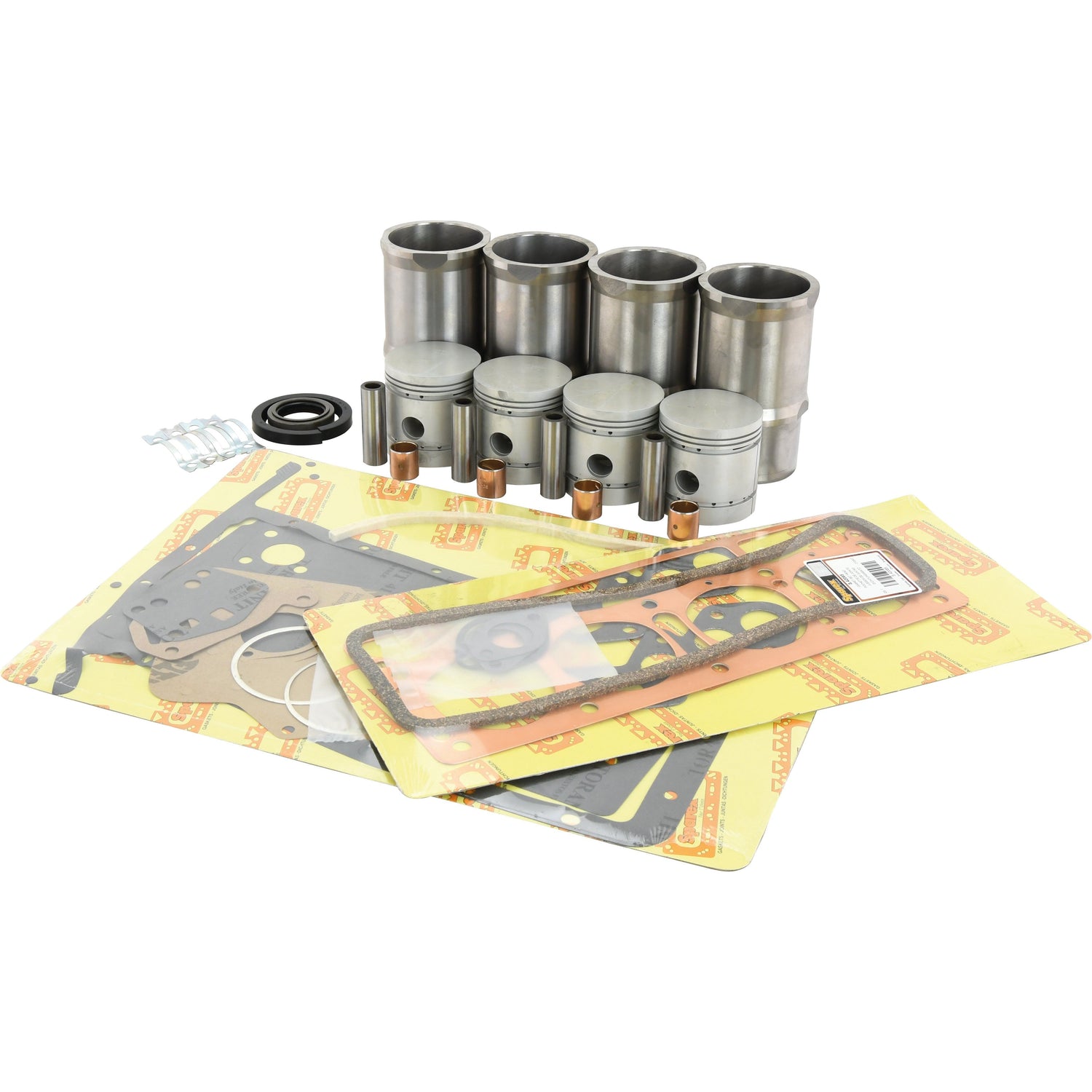The Sparex Engine Overhaul Kit without Valve Train (Finished) - S.44018 includes six pistons, six cylinders, multiple gaskets, and various small components arranged on a surface.