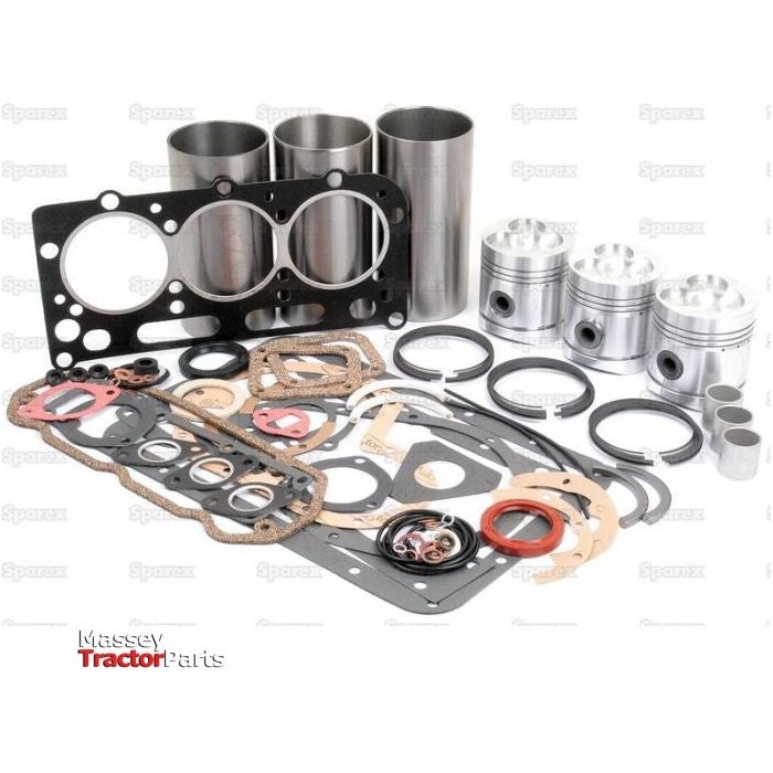 A meticulously arranged collection of engine parts including pistons, cylinders, gaskets, seals, and other components is displayed on a white background. The text "Sparex" is visible at the bottom left. Perfect for anyone needing an Engine Overhaul Kit without a valve train (Semi Finished) - S.57905 for models like the AD3.55 or David Brown tractors.