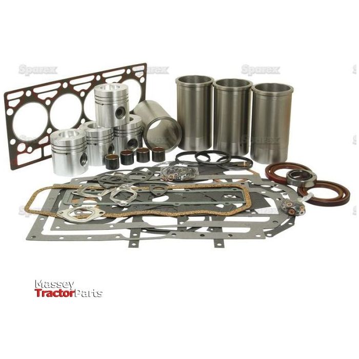 A collection of metallic engine parts, including pistons, cylinder liners, gaskets, and seals from a Case Engine D246, displayed against a white background. The "Massey Tractor Parts" logo is visible in the corner. Product Name: Engine Overhaul Kit without Valve Train (Finished) - S.57929 by Sparex.