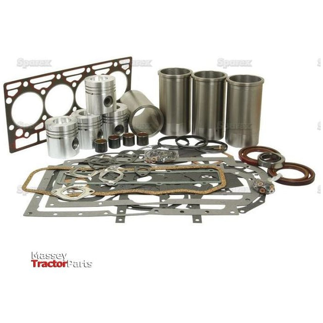 A collection of metallic engine parts, including pistons, cylinder liners, gaskets, and seals from a Case Engine D246, displayed against a white background. The "Massey Tractor Parts" logo is visible in the corner. Product Name: Engine Overhaul Kit without Valve Train (Finished) - S.57929 by Sparex.