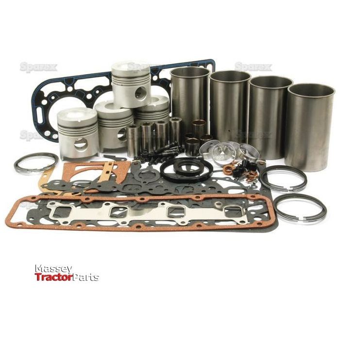 An assortment of engine parts, including gaskets, pistons, cylinder sleeves, and seals from the Engine Overhaul Kit without Valve Train (Unfinished) - S.66094 is displayed on a white background. The Massey Tractor Parts logo is visible in the bottom-left corner and the Sparex label enhances its authenticity.